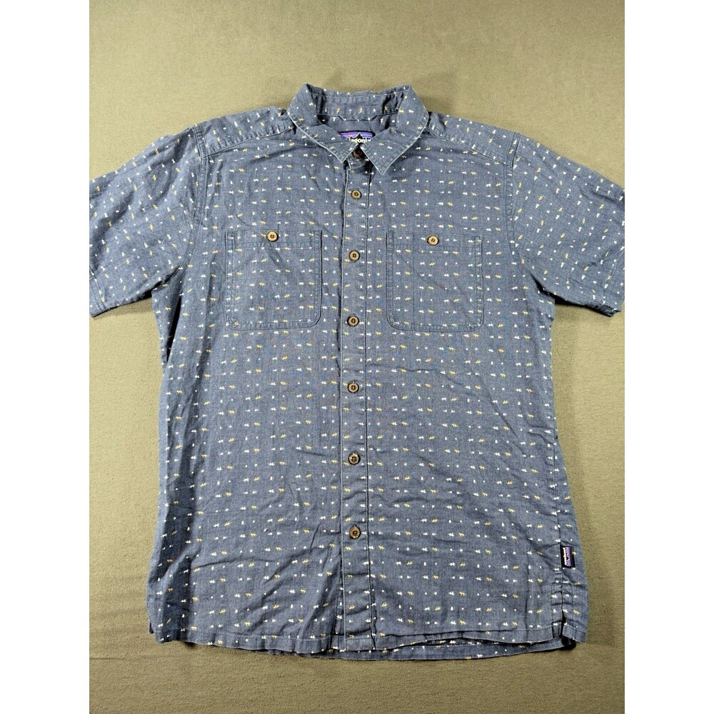 Patagonia Back Step Hemp Shirt Men’s Medium Blue Animal Short Sleeve